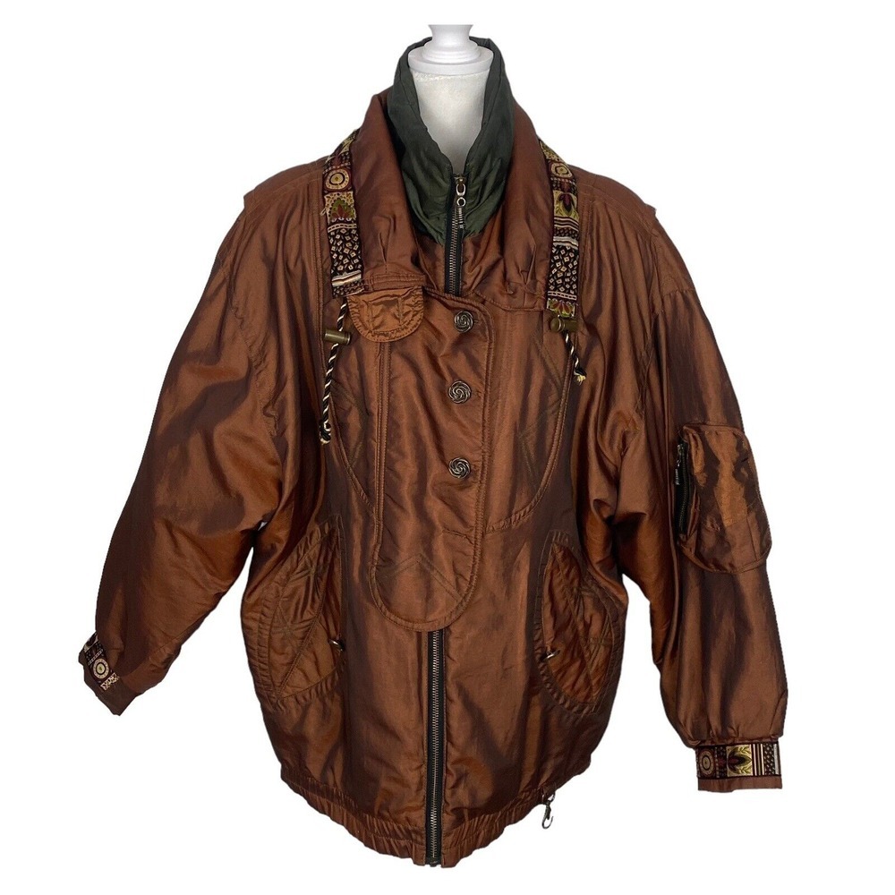 Vtg ANDY JOHNS Women Iridescent Puffer Coat Sz S Bronze Brown Unique 80s 90s c-5